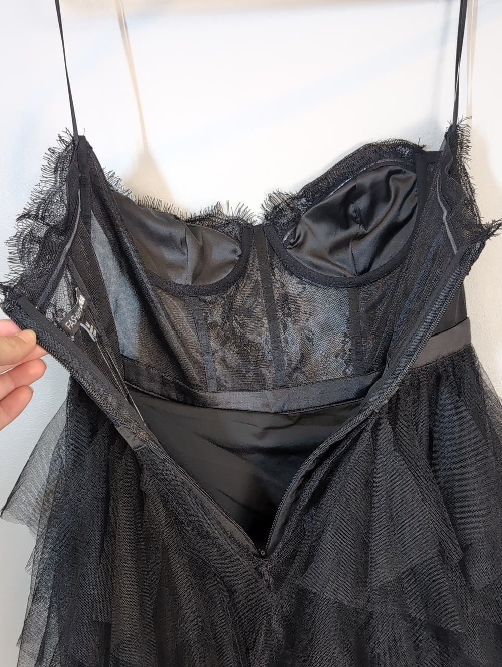 NEW Fashion Nova Anastasia Tulle Maxi Dress Strapless Black Lace Corset Gothic M - Picture 12 of 16